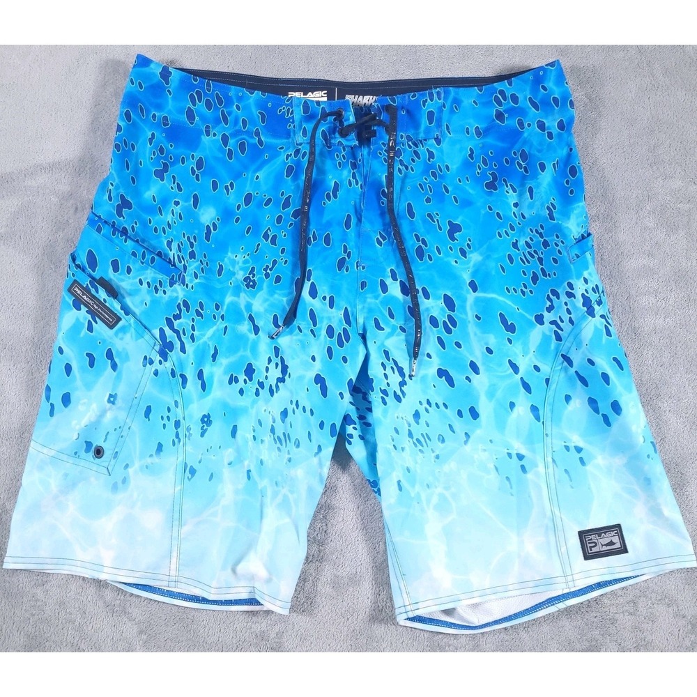Pelagic Sharkskin Board Shorts Mens 36 Blue Print Fishing Quick Dry Stretch